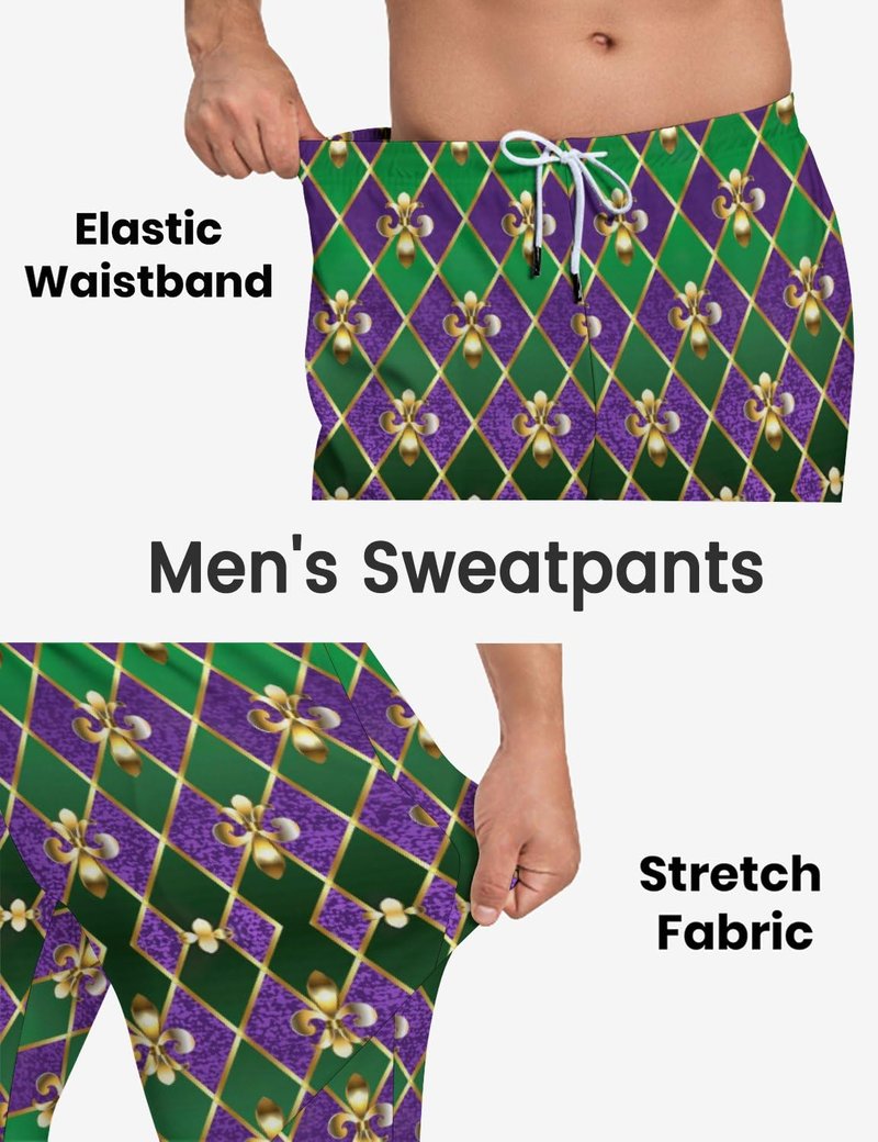 Purple Mardi Gras Jogger Sweatpants for Men,Retro Jogger Pants Outfit Funny Sports Trousers Casual Workout Pants L