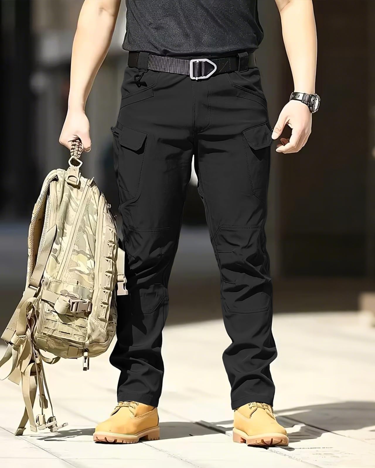 Boonlight Men's Lightweight Tactical Pants, Water Resistant Hiking Cargo Pants with Multiple Pockets for Outdoor (No Belt), Black