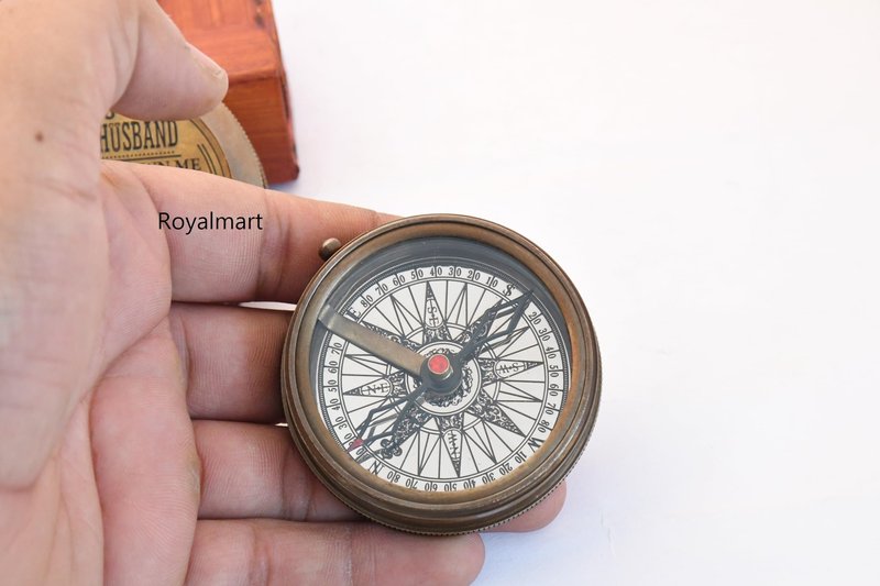 Royalmart Engraved Compass Gift for Men Personalized with Wooden Box Handmade Antique Brass Compass Keepsake Gifts for Husband Navigation Graduation Gift for Women (to My Husband #8)