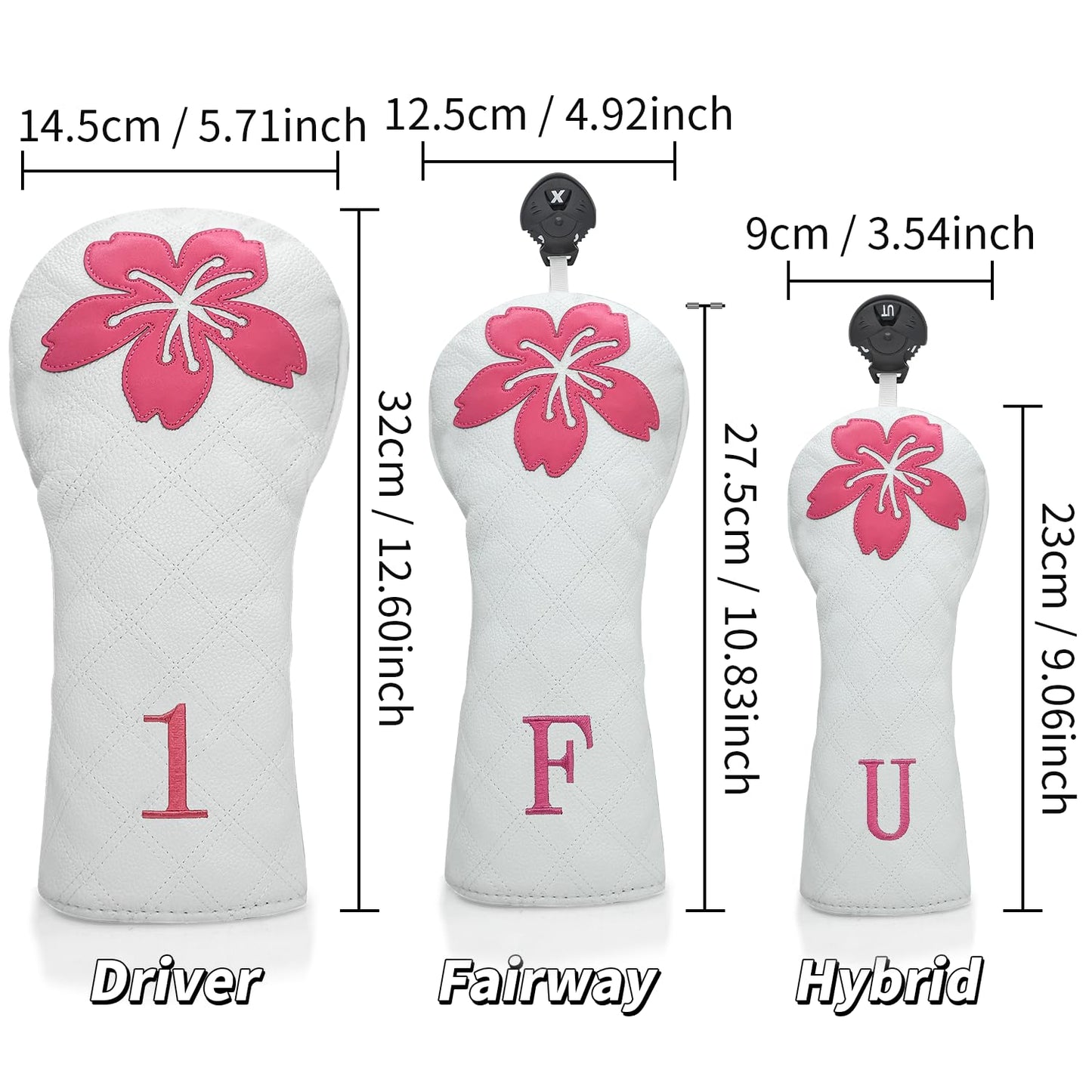 Grid Cherry Blossom Design Golf Covers PU Headcovers Set Fits Driver Fairway Wood Hybrid Utility Woods Iron Wedge Headcover, Premium Leather Golf Headcovers