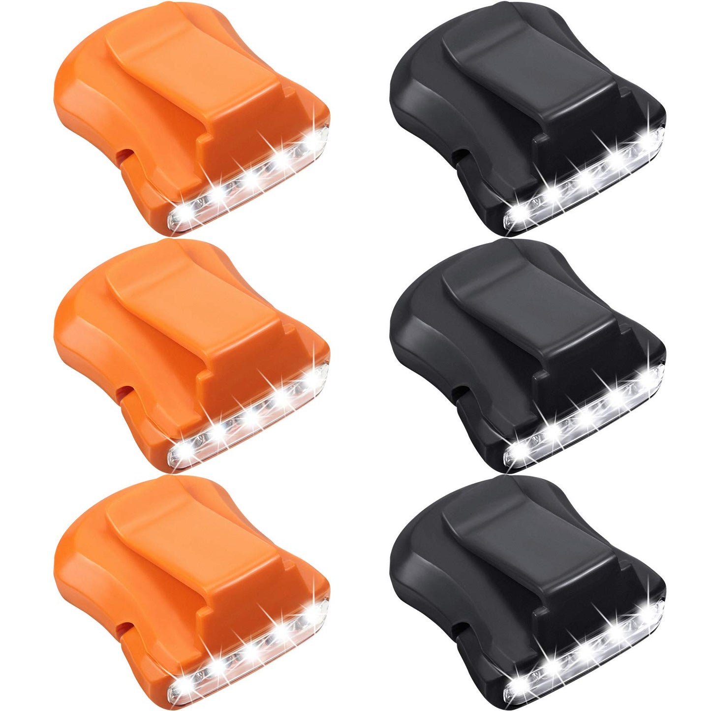 6 Pieces Clip Headlamps Head Lamps Hard Hat Accessories 5 LED Rotatable Cap Hat Light Clip on Flashlight Lights Clip on Cap Lights for Hunting Camping Fishing Black (Black, Orange)