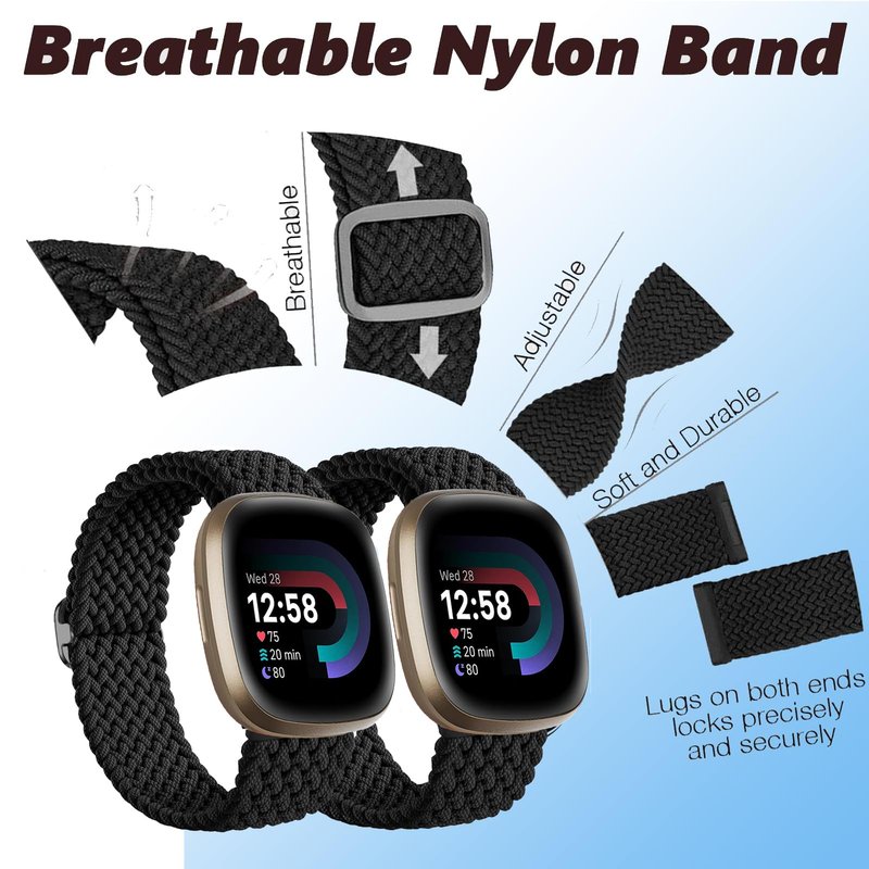 2 Pack Braided Stretchy Band Compatible for Fitbit Sense & Sense 2 Bands / Fitbit Versa 3 & 4 Bands, Classic Soft Breathable Adjustable Sport Smartwatch Replacement Wristband for Women Men (Starlight