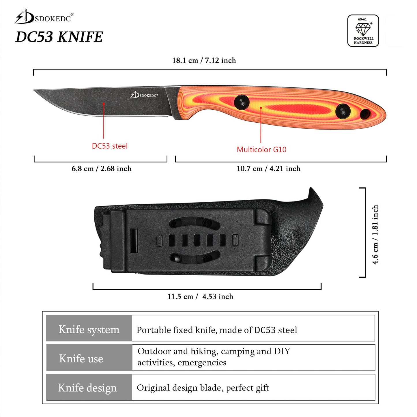 SDOKEDC Knives DC53 Steel Tactical Fixed Blade Knife with kydex sheath for Men EDC Outdoor Camping Survival Hunting (Multicolor G10)