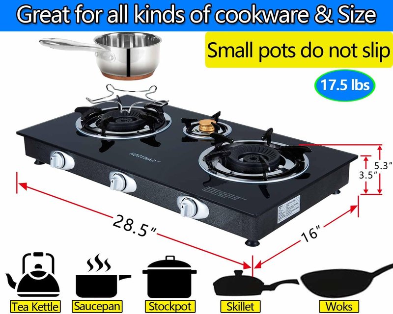 Horynar Propane Stove 3 Burner, Propane Burner, Auto Ignition, Gsa Stove 28,000 BTU,Thickened High-temperature Glass, Easy to Clean, with CSA Hose for Outdoor Cooking, RV, Emergency