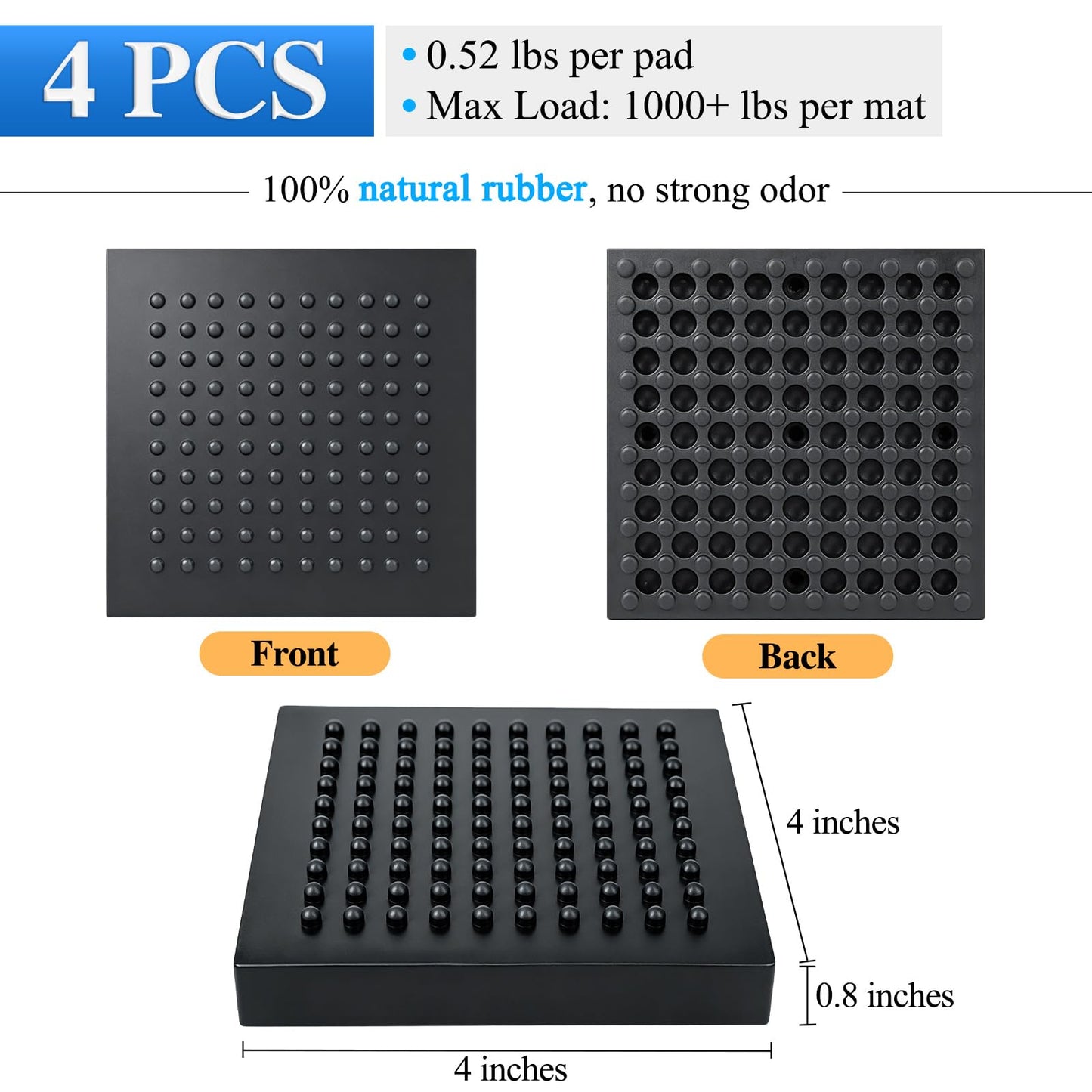 BXI Heavy Duty Exercise Equipment Mat Pads Natural Rubber, 0.8 Thick 4 x 4 Inches 4 Pcs Non Slip Noise Reduction Anti Vibration Treadmill Stationary Bike Mats, Steel Embedded Pads for Hardwood Floors