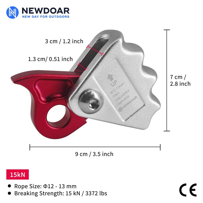 NewDoar Rope Grab Ascender 15KN Riser Adjuster Fits 12mm Rope for Rocking Climbing Protection Rescue(Red)