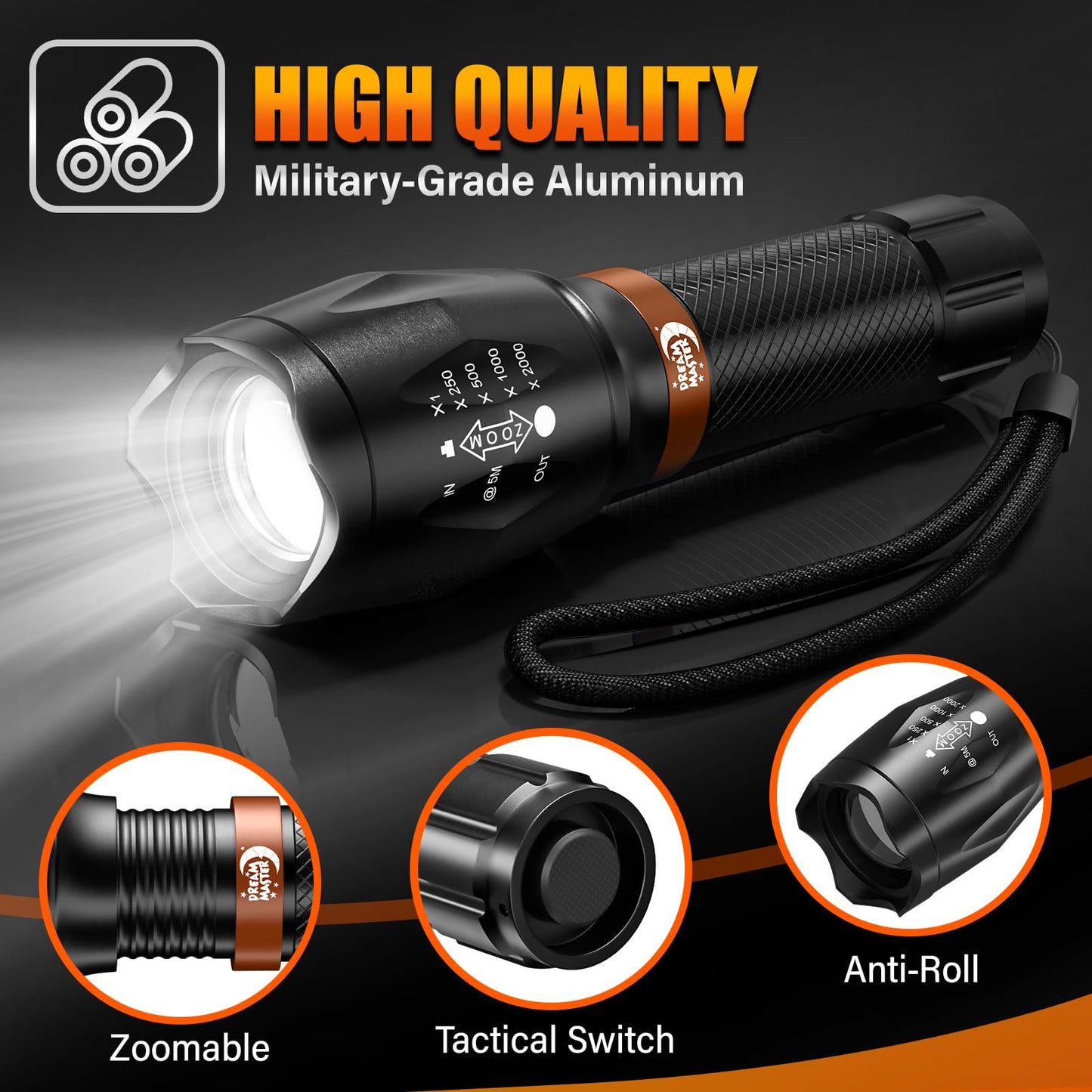 2 Pack LED Flashlights High Lumens with 6 AAA Batteries, 5 Modes Mini Waterproof Tactical Flashlight for Camping Hiking, Bright Flashlight with Zoomable, Fathers Day Gifts for Him, Black & Coppery