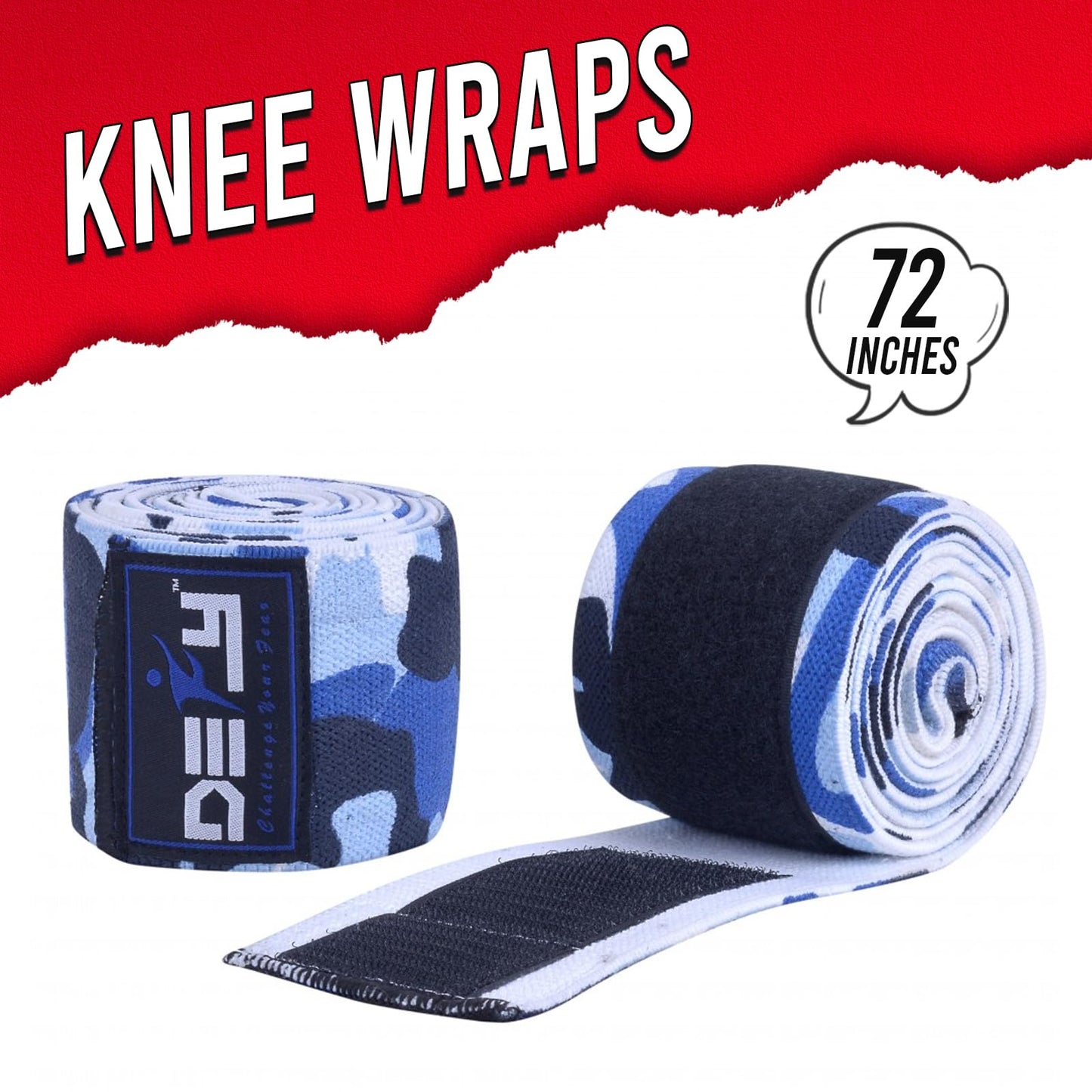 DEFY Sports' Knee Wraps for Weightlifting - Provides Knee Support for Powerlifting, Squats & Fitness Workouts - Ideal Knee Wrap for Men and Women (1 PAIR) (Blue Camo)