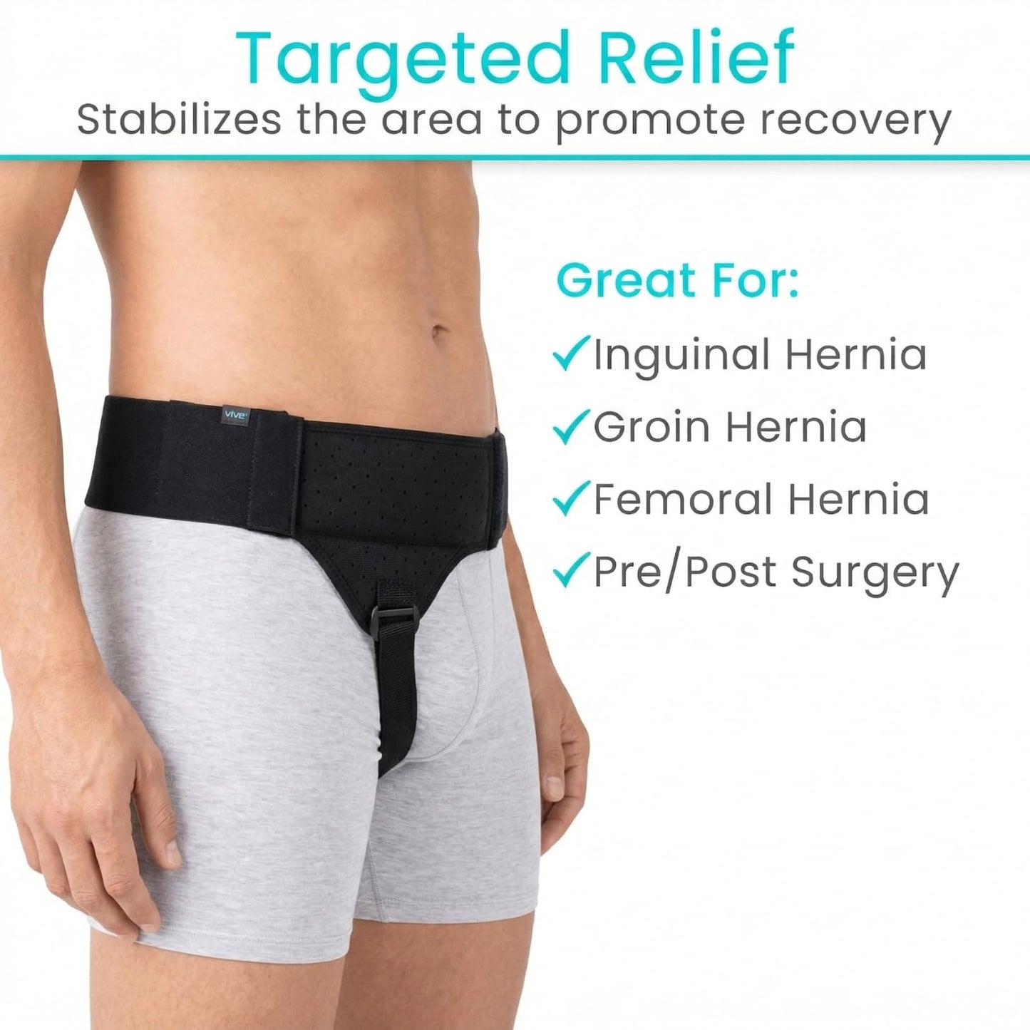 Vive Inguinal Hernia Belt for Men & Women - Left or Right Groin Support Truss for Targeted Compression, Pain Relief, Comfort, Pre & Post Surgery, Injury Recovery - 3 Removable Pressure Pads and Splint (Black)