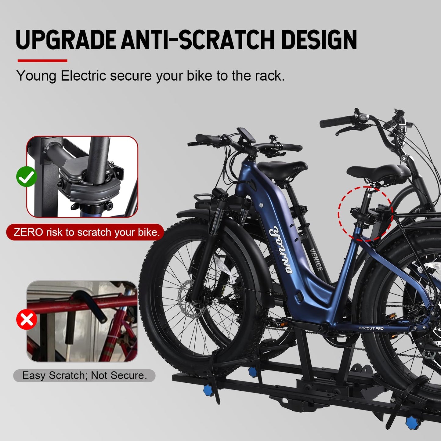 Young Electric Hitch 2-Bike Rack Fellow, 200 lbs Capacity E-Bike Carrier for Cars Trucks SUVs Minivans RV, Trailer, Foldable Platform Mount, Up to 5’’ Fat Tire Bicycle for 2’’ Receiver