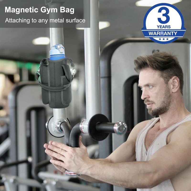 Panmout Hands-Free Magnetic Gym Bag with Gym Bottle - 3-in-1 Water Bottle Holder with 6 Magnets, 3 Pockets, Fits up to 40oz Bottle and Large Phone, Shoulder Strap for Gmy, Hiking and Travel (Grey)