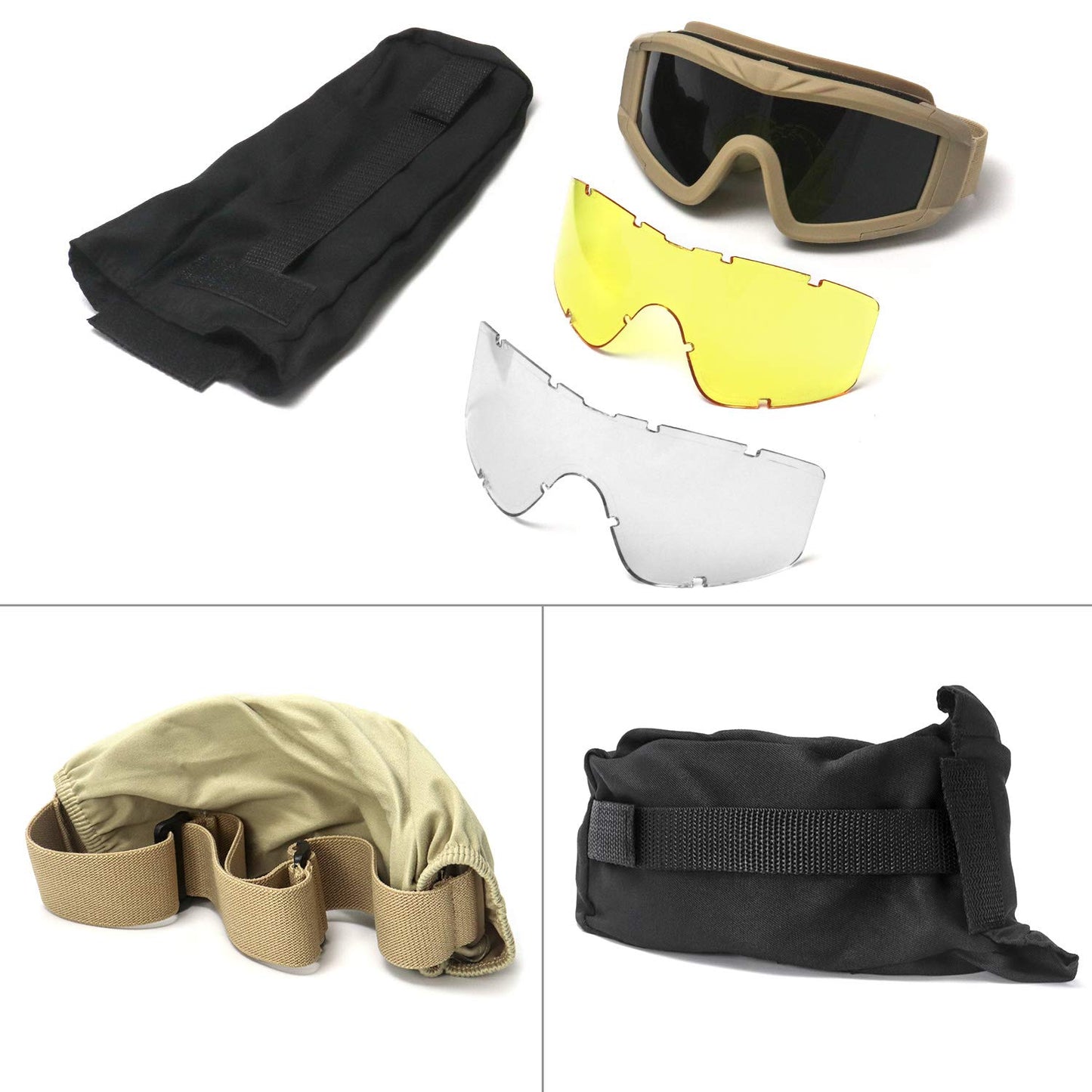 QWORK Airsoft Goggles, Outdoor Sports Military Airsoft Tactical Anti-Fog Goggles with 3 Interchangable Lens, UV Protection Shooting Glasses for Paintball Riding Cycling