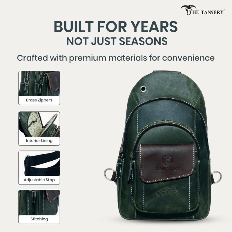 The Tannery Handmade Buffalo Leather Multipurpose Travel Hiking Crossbody Chest Backpack with Adjustable Shoulder Strap - Large