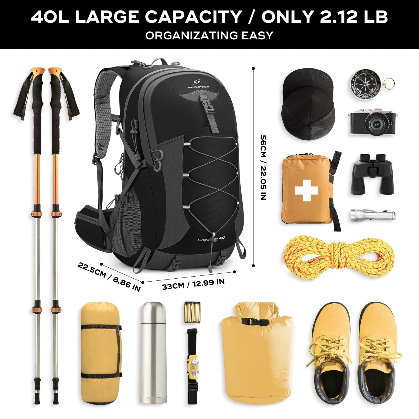 Maelstrom 40L Hiking Backpack, Lightweight Camping Daypack with Rain Cover