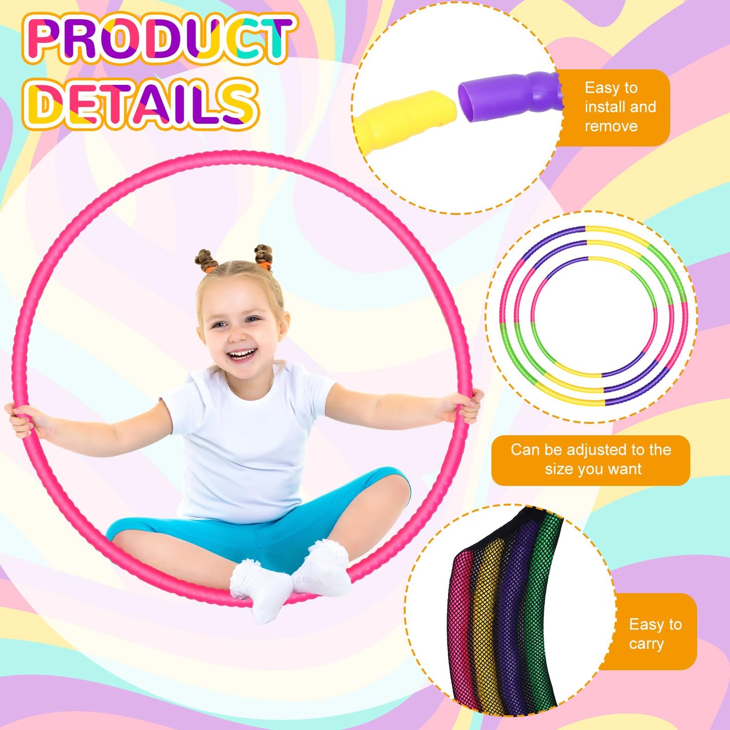 Poen 16 Pcs Detachable Hoop and Jump Rope Set Adjustable Kids Exercise Hoop Skipping Rope Equipment for Fitness Children Teens Adults Weight Loss Exercise Gymnastics Party Games