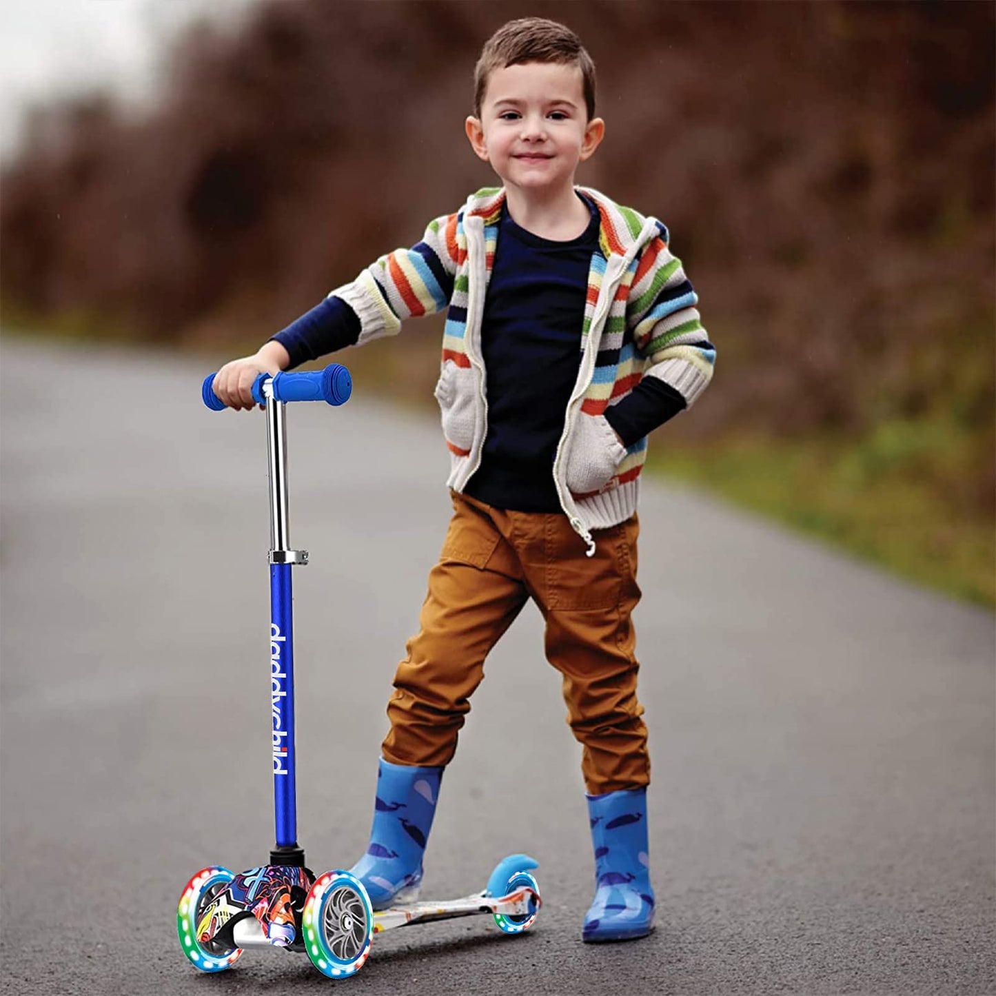3-Wheel Kick Scooter for Kids Ages 3-8 Lean-to-Steer Toddler Scooter with Extra Wide Light Up Wheels, 4 Adjustable Heights, Foldable Scooters for Boys & Girls, Max Weight 110lbs (Blue)