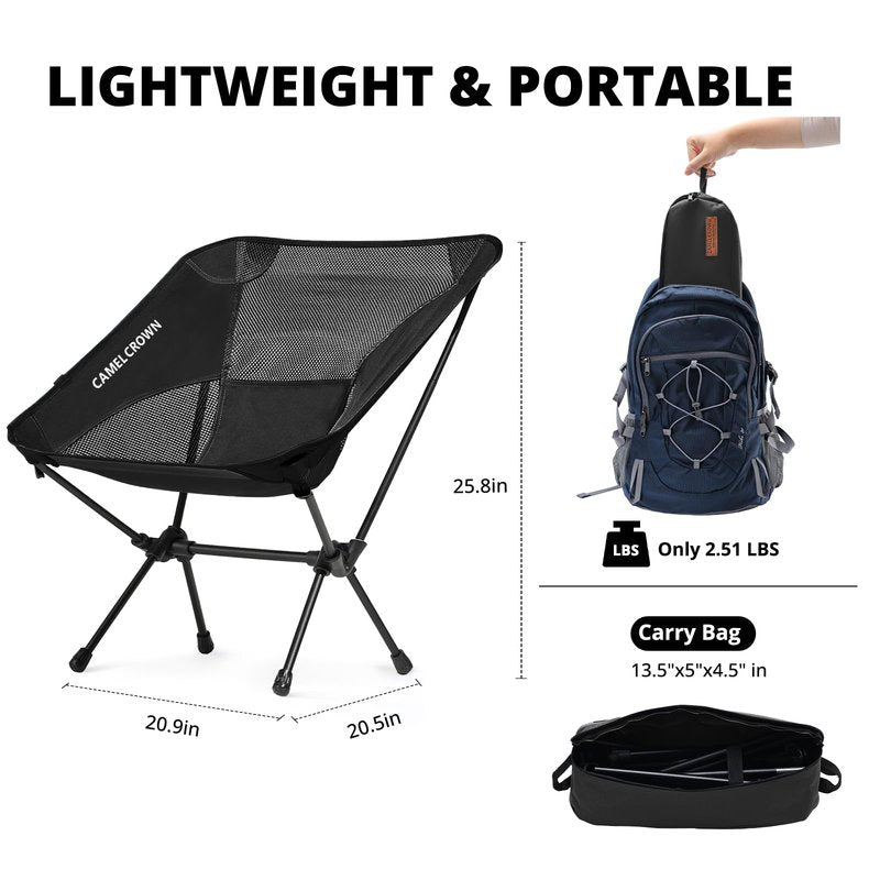 CAMEL CROWN Camping Chair Heavy Duty Backpacking Chair - Ultra-Light Folding Chair with Carry Bag, Portable Compact for Outdoor, Lawn, Hiking, Beach, Picnic