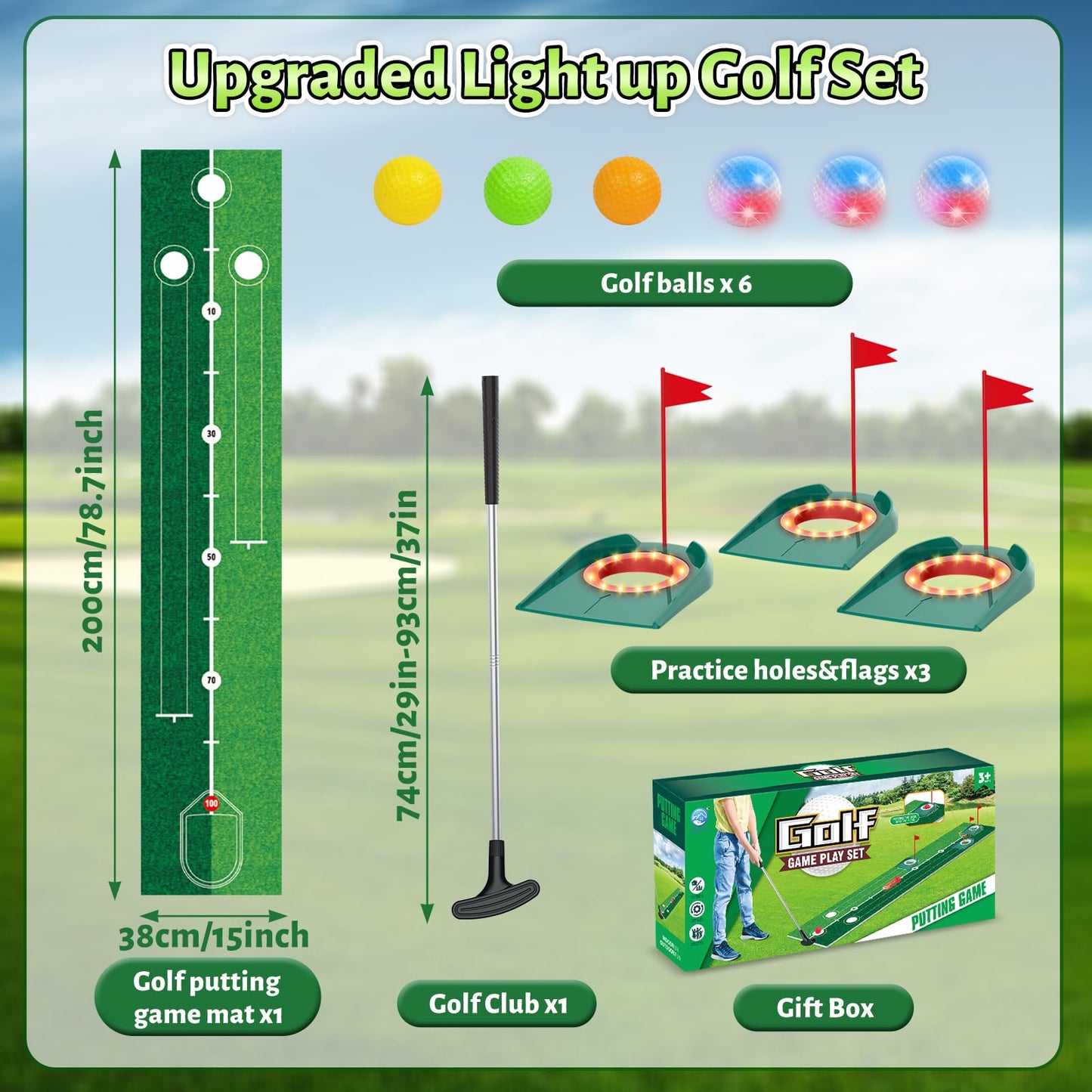 VATOS Golf Putting Set for Kids - Light up Golf Game Toys with Putting Mat, Putter, 3 Holes & 6 Balls (3 Glow), Indoor Outdoor Yard Golfs Game Sports Toys, Birthday Gifts for Boys Girls Kids 3-8