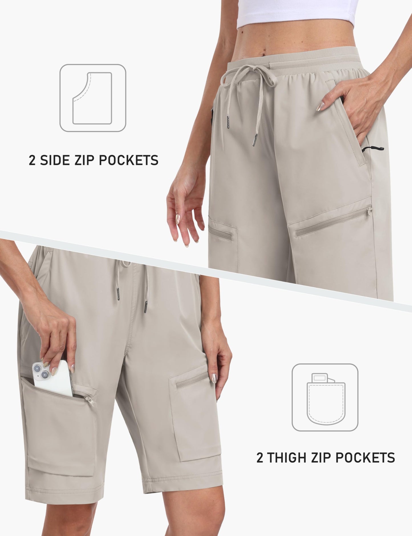 MoFiz Long Shorts for Women Knee Length Quick Dry Half Shorts Women Stretch Womens Long Hiking Shorts Knee Length with Pockets Light Khaki X-Large