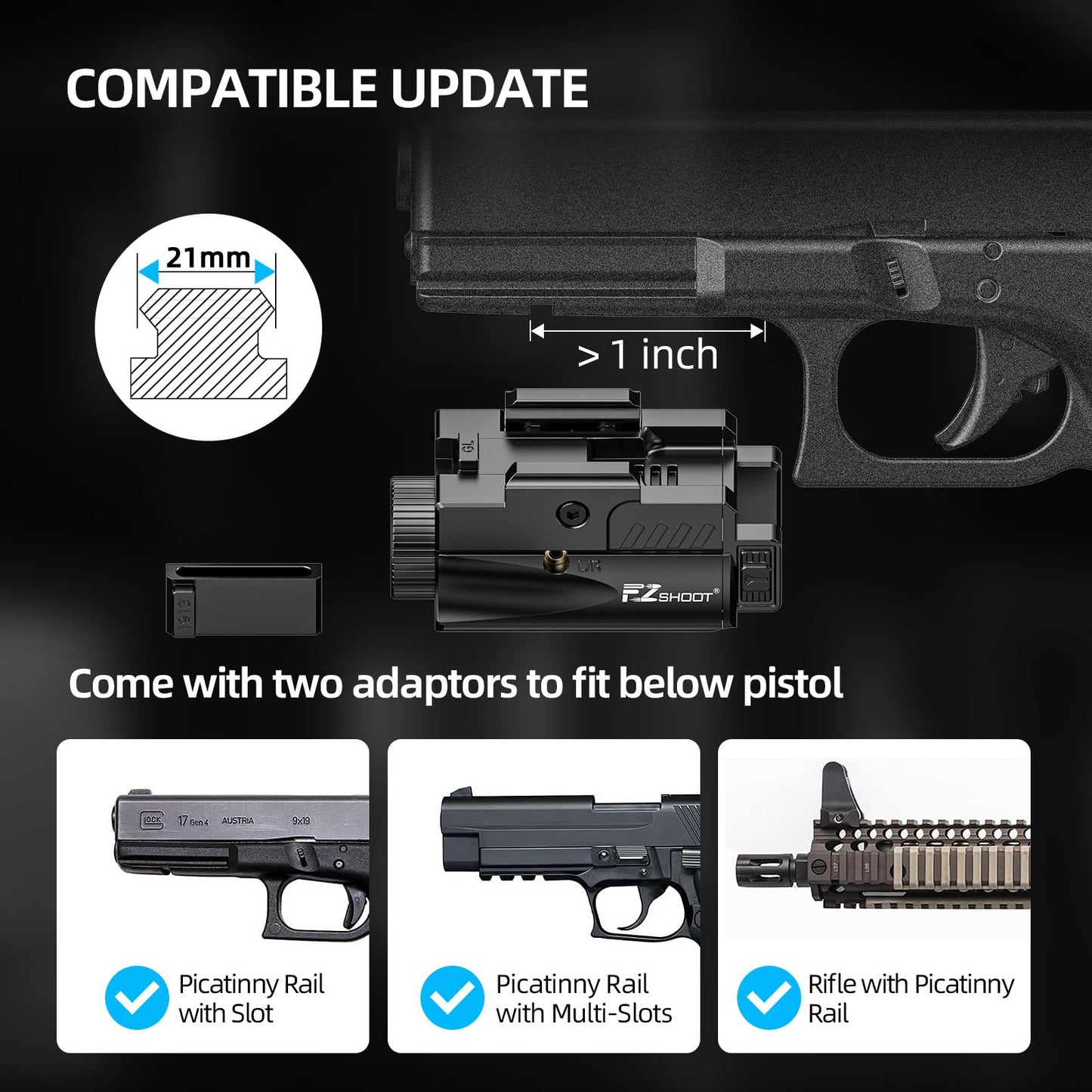 EZshoot 1000 Lumens Pistol Light Laser Combo, Rechargeable Gun Light with Green Laser Beam, Pistol Flashlight with Slid Rail Compatible with Glock and Picatinny Rail, Handgun Lights for Home Defense