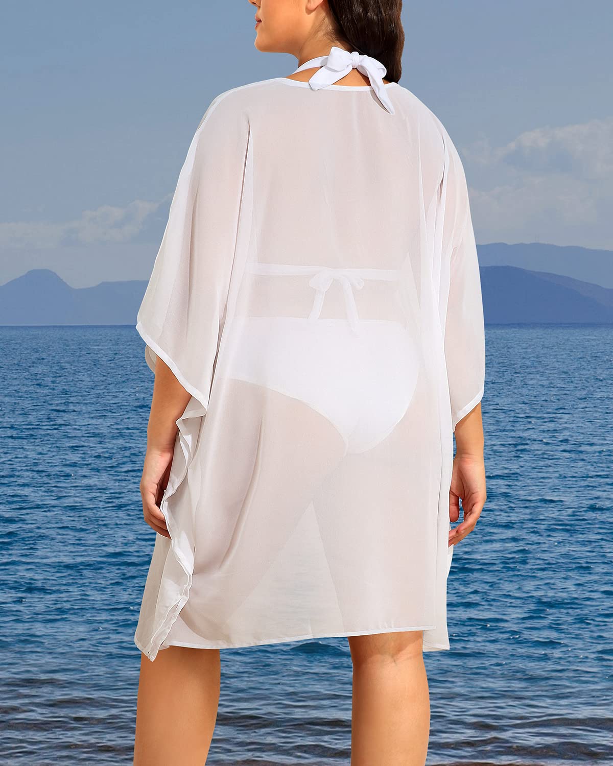 Pinup Fashion Plus Size Cover Ups Swimwear White Swimsuit Coverup Women Chiffon See Through Lace-Up Kaftan Cover Up Dress