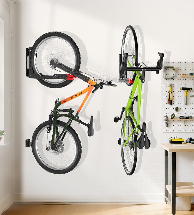ALIXUEQIN Swivel Bike Wall Mount 2 Pack Bike Rack for Garage, No Heavy Lifting Required Wall Bike Hangers Can Holds up to 77 lbs (Black & Red)