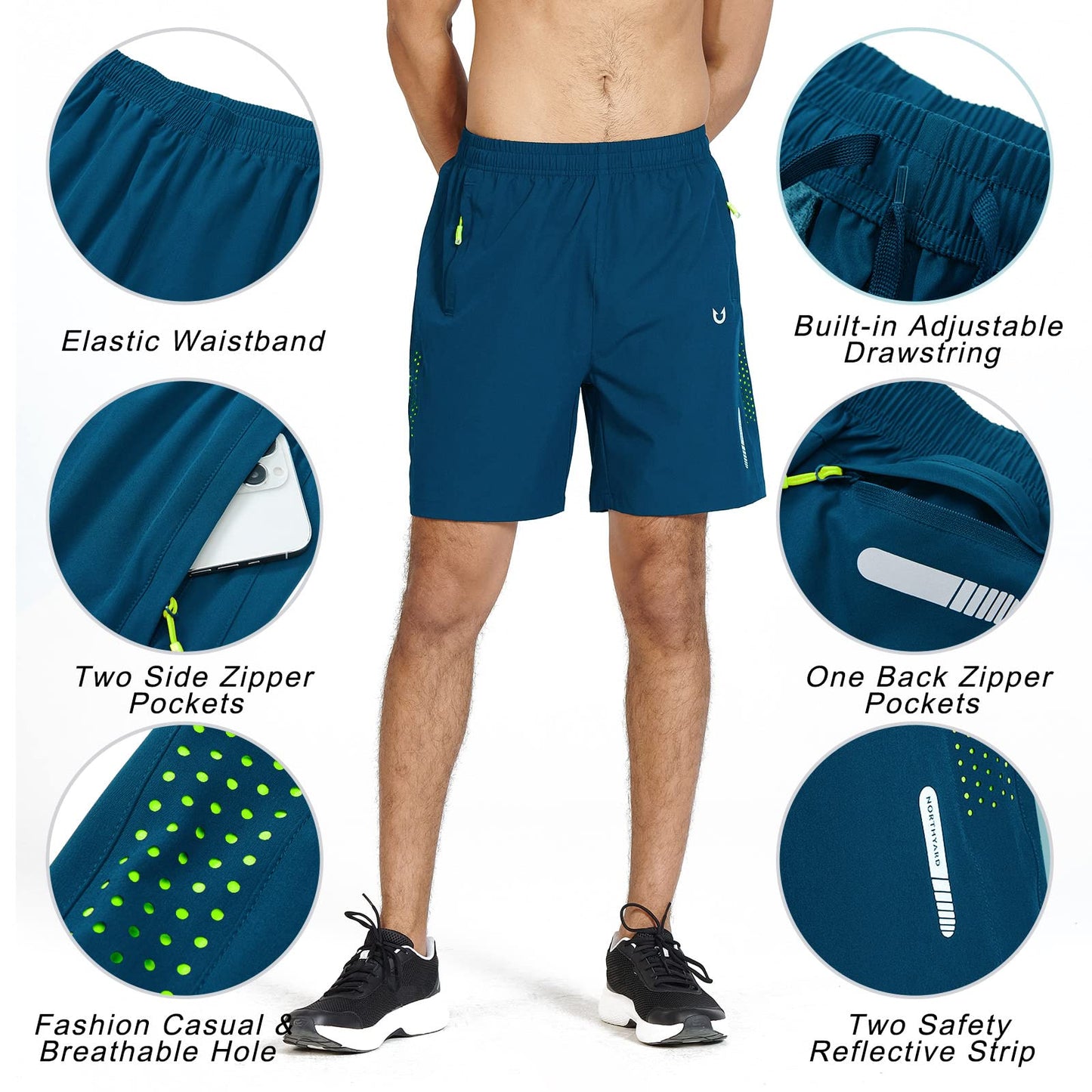 NORTHYARD Men's Athletic Running Shorts Gym Workout 7"/9"/5" Quick Dry Lightweight Sports Basketball Tennis 3 Zipper Pockets Seablue XL