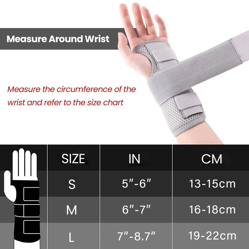 Carpal Tunnel Wrist Brace, Ergonomic Night Support Hand Brace with 1 Rigid Metal Splint and 1 Flexible Plastic Splint for Arthritis & Tendonitis Relief, Hand Splint Stabilizer for Men Women (Right Hand, Gray, Medium)