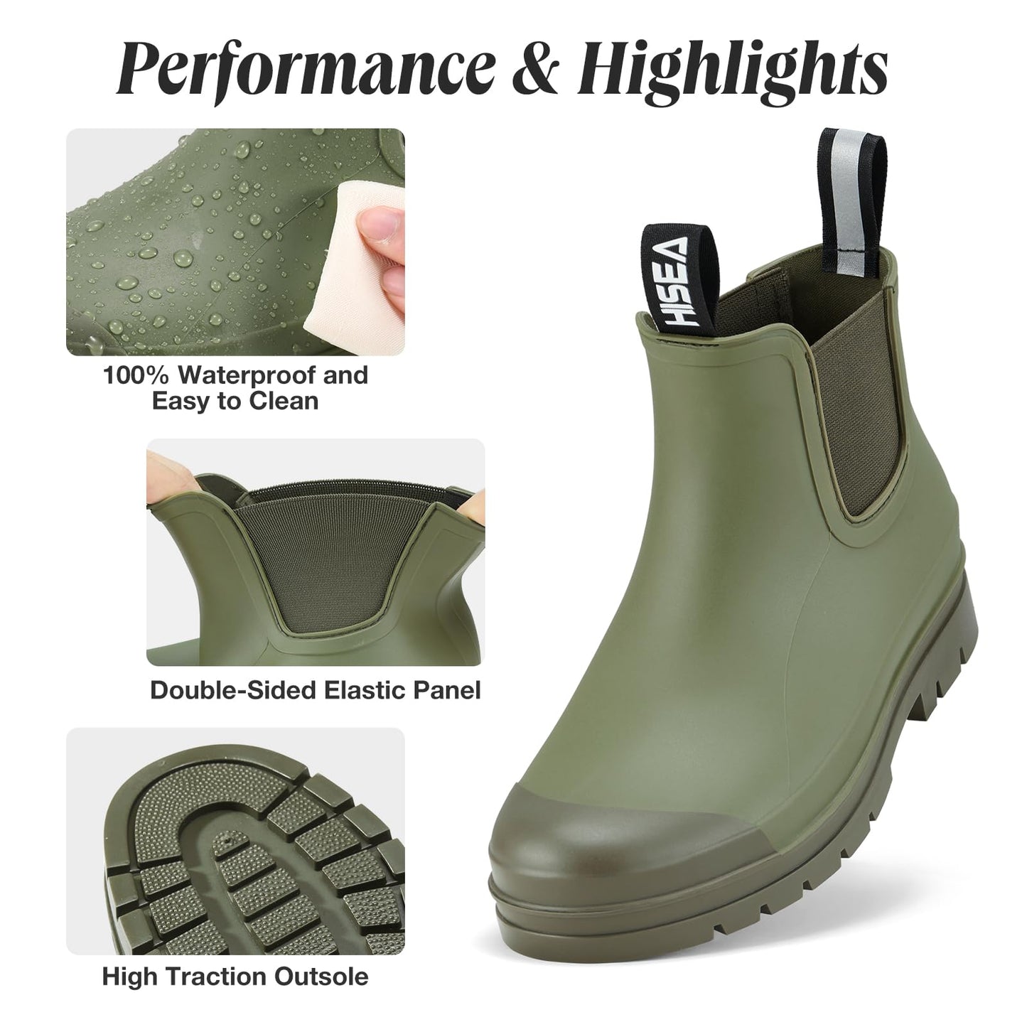 HISEA Women's Short Rain Boots Waterproof Chelsea Boots Fashion Ankle Rubber Garden Shoes Non-Slip Matte PVC Rainboots Lightweight Outdoor Work Booties for Gardening Farming Walking