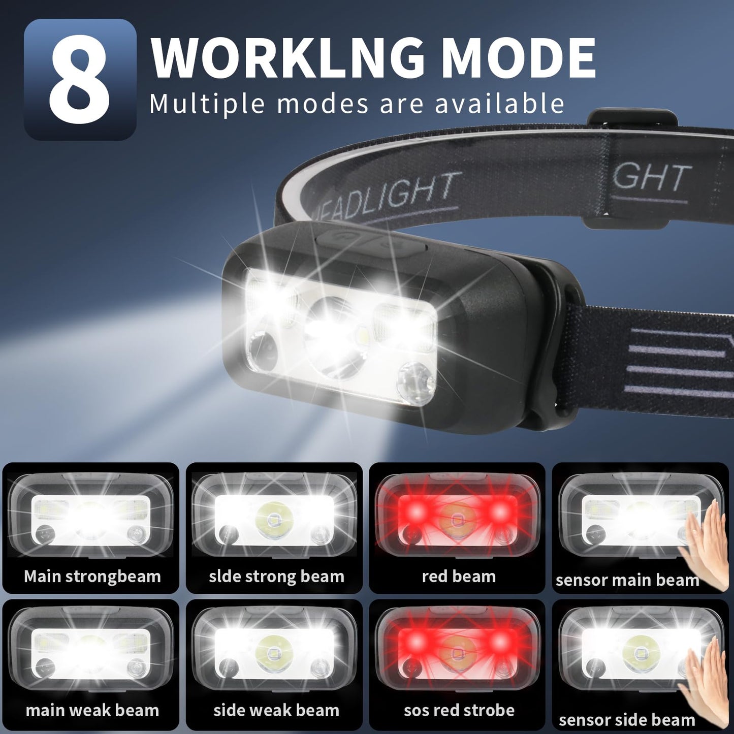 Hilngav Headlamp Rechargeable, 4 Pack White Red Headlamp Flashlight, Motion Sensor Head Lamp Flashlight, 8 Mode for Outdoor Camping Running Cycling (4 Pack)