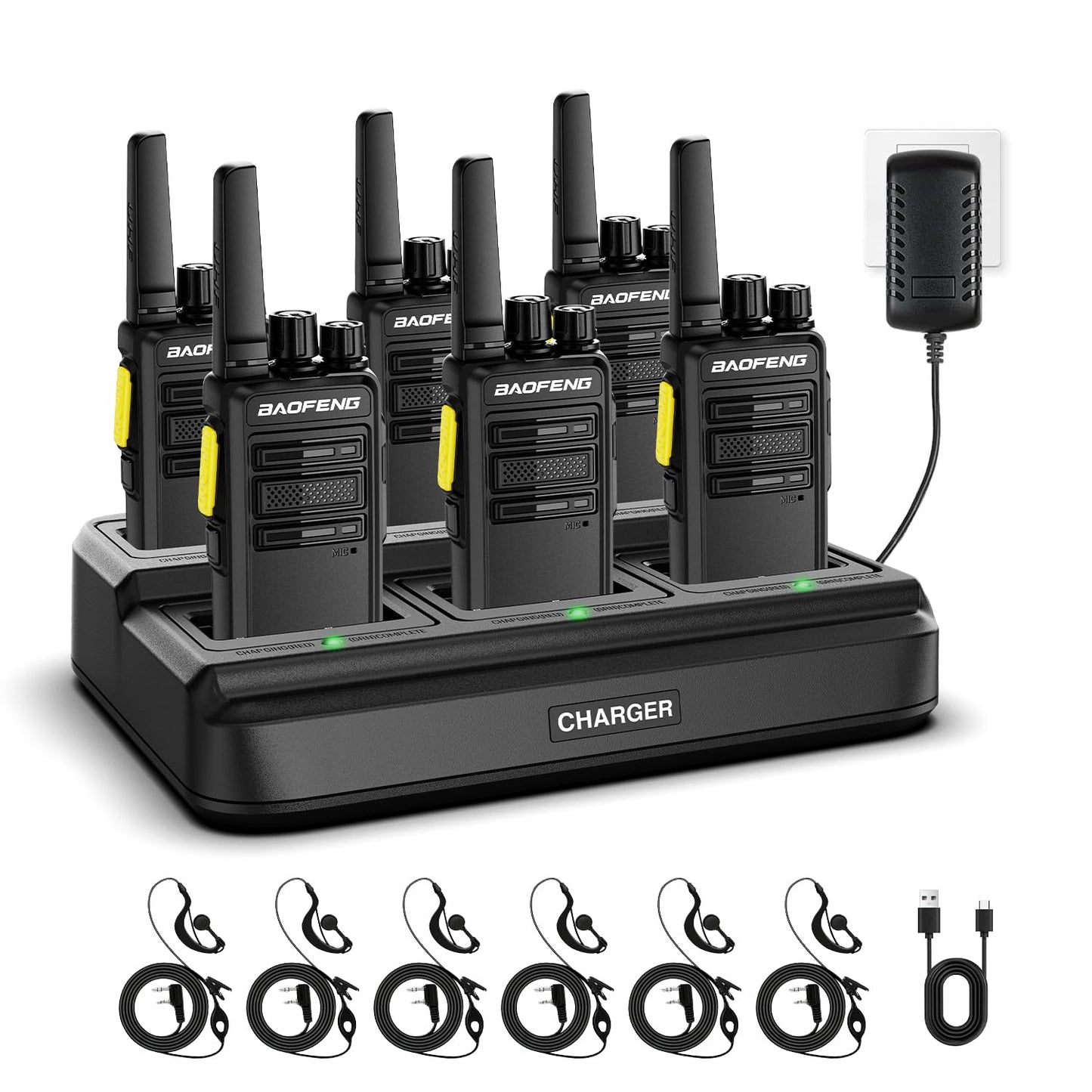 BAOFENG BD-V12B Radio 6 Pack Long Range Walkie Talkies for Adults, Rechargeable Two-Way Radios Walkie Talkies with Earpiece, 6 Way Multi Gang Charger, USB Charging Battery for School,Church,Cruise