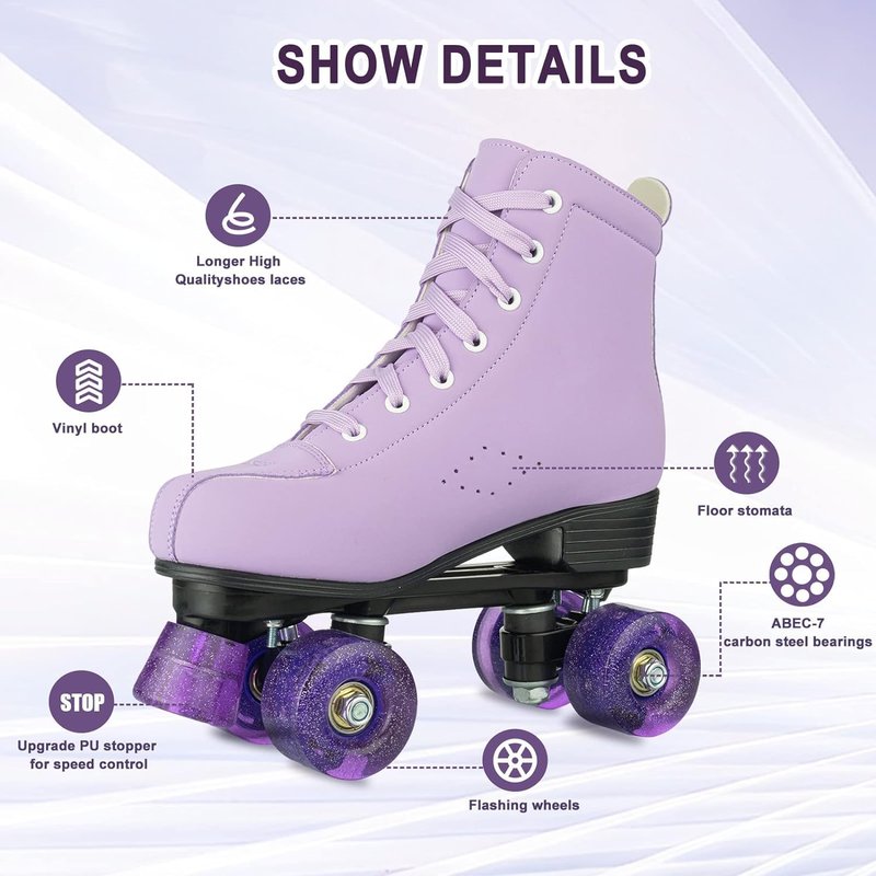jessie Girls Roller Skates for Women, Microfiber Leather and Flash Wheels Purple Roller Skates Girls Ages 6-12 for Beginner Indoor Outdoor (Youth 2)