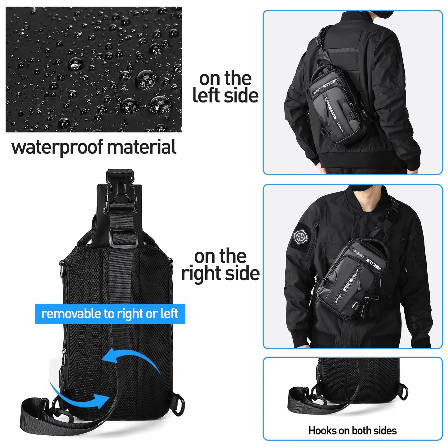 SEAFEW Anti Theft Sling Crossbody Backpack Shoulder Bag for Men, Lightweight One Strap Motorcycle Back Pack Sling Bag Backpack for Hiking Walking Biking Travel Cycling with USB Charger Port