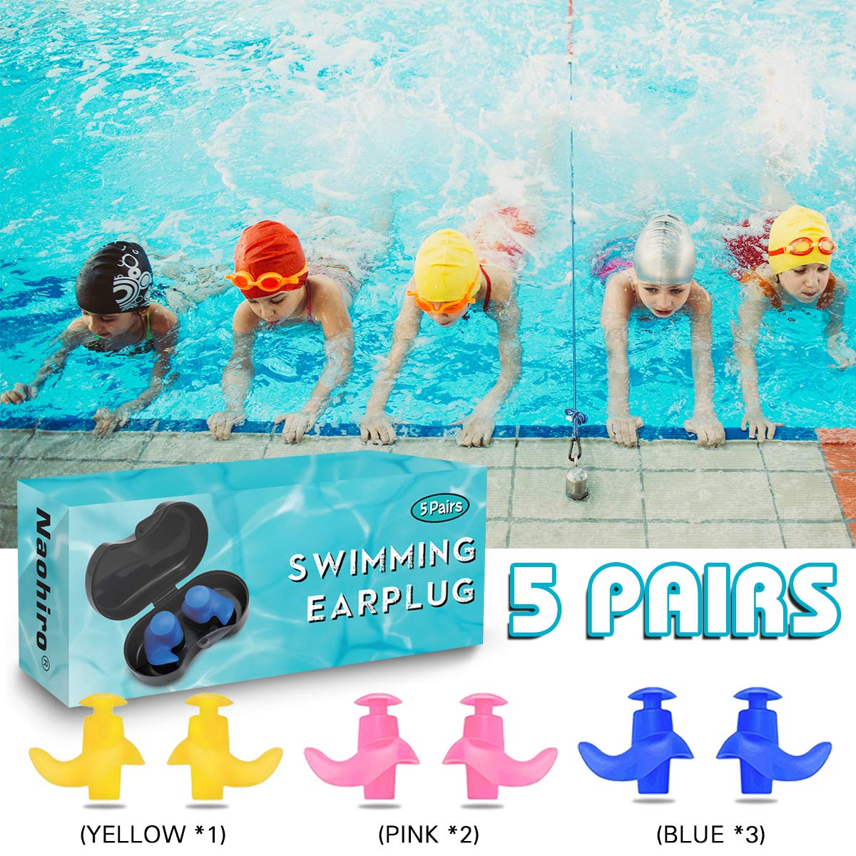 Naohiro Swimming Earplugs, 5-Pairs Pack Waterproof Reusable Silicone Swimming Ear Plugs for Swimming Showering Bathing Surfing Snorkeling and Other Water Sports,Suitable for Kids and Adults (Kid)