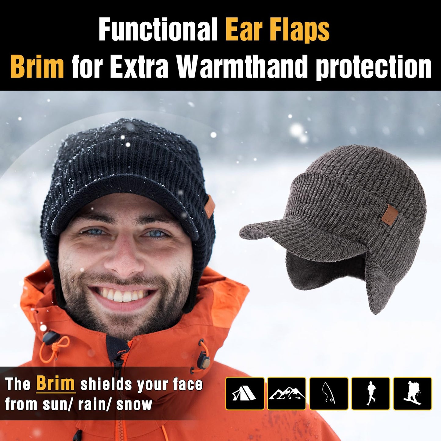 TOP-EX Waterproof Merino Wool Visor Brimed Beanie with Ear Protection Mens Large Winter Hat Warm Fleece Lined for Cold Weather Ski Running Grey M/L