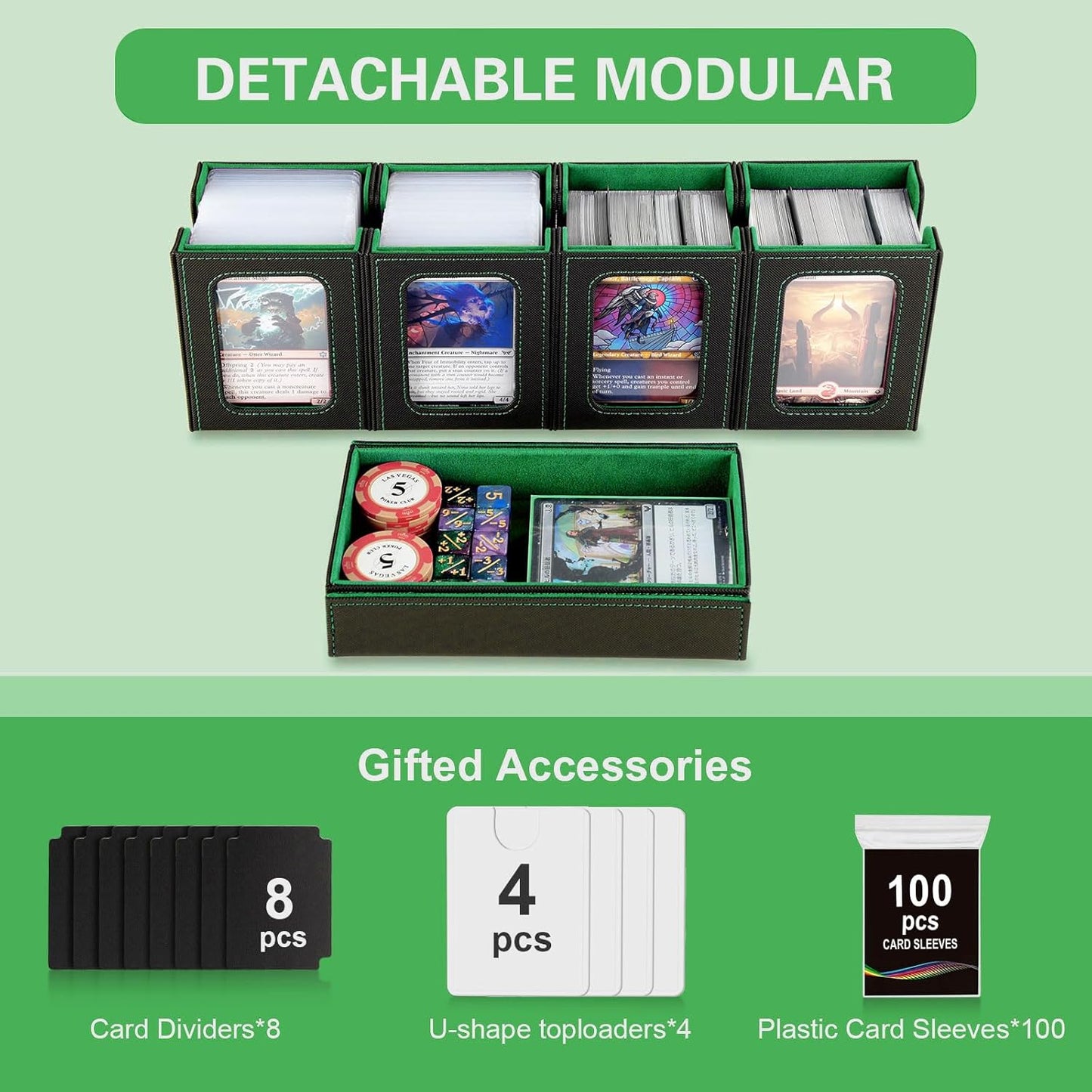 Commander Deck Box for MTG | Card Storage for 400+ Double-Sleeved Cards - 5-in-1 Removable Case with Display Windows (Black & Green)
