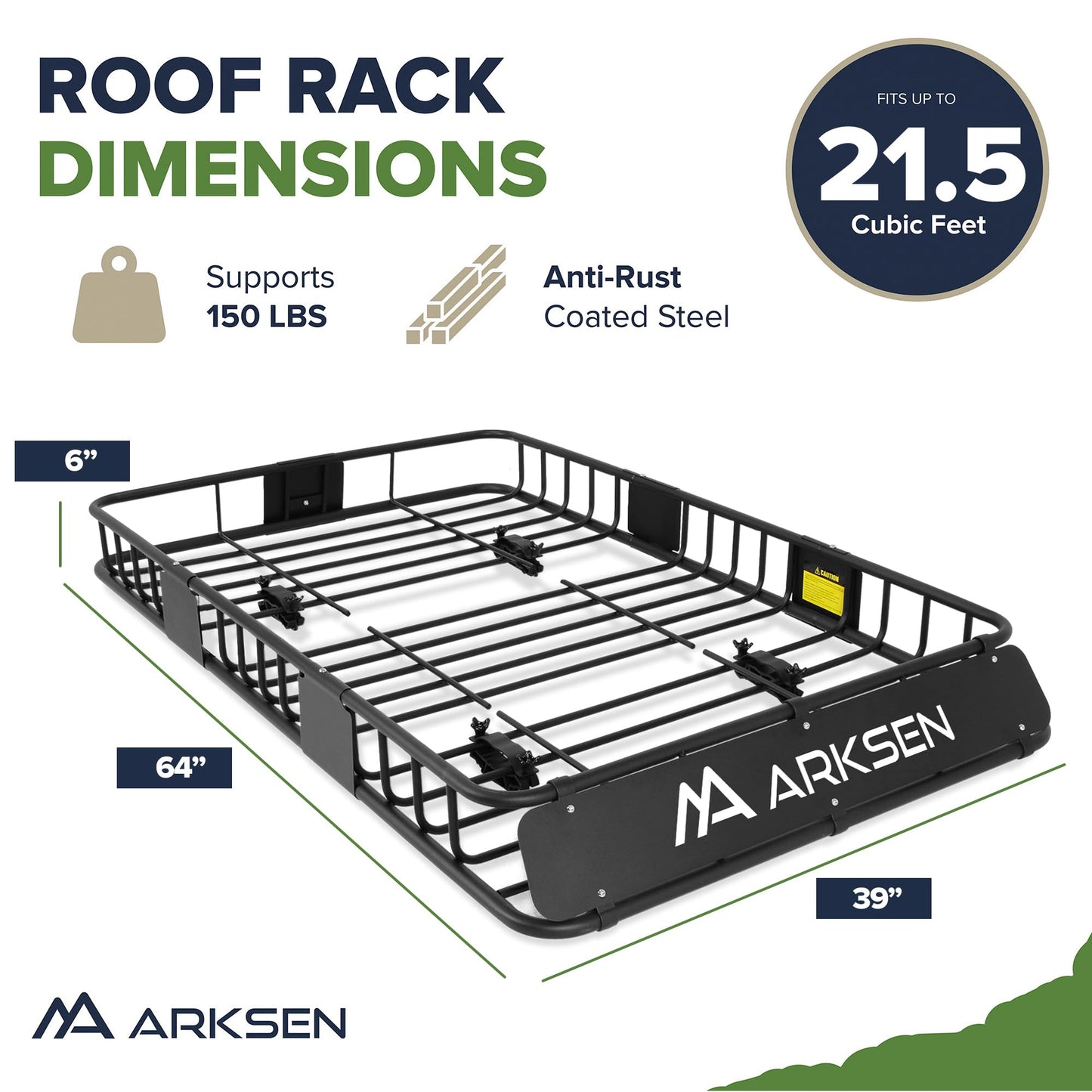 ARKSEN 64 x 39 x 6 Inch Universal 150LB Heavy Duty Roof Rack Cargo with 500D PVC Waterproof Cargo Bag, Car Top Luggage Holder Carrier Basket for SUV, Truck or RV Camping Storage Steel Construction