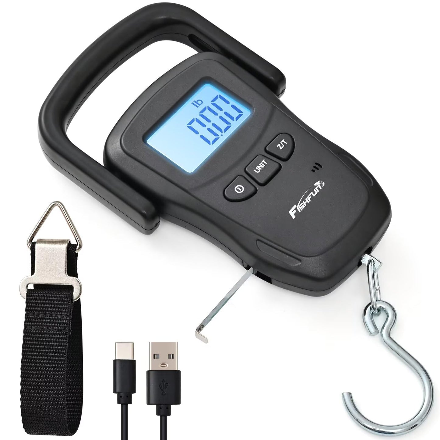 Fishfun Rechargeable Fish Scale, Digital Hanging Fish Weight Scale with Large Handle and Tape Measure for Fishing, Hunting, Outdoor, Farm, 110lb/50kg
