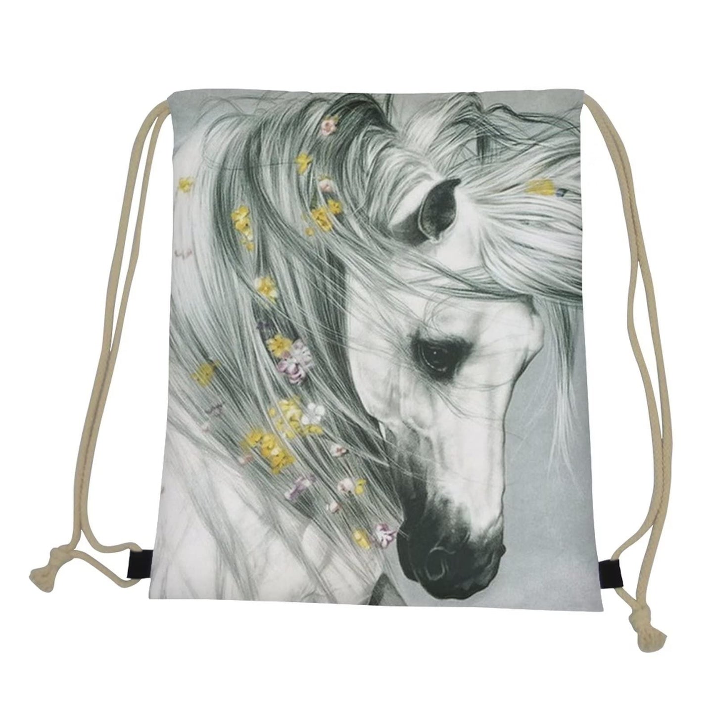 COEQINE Teen Kids Drawstring Backpack Sports Sackpack Print Grey Horse Flower Yellow,Casual Bag Capacity Daypack Gym Drawstring Gift Bags