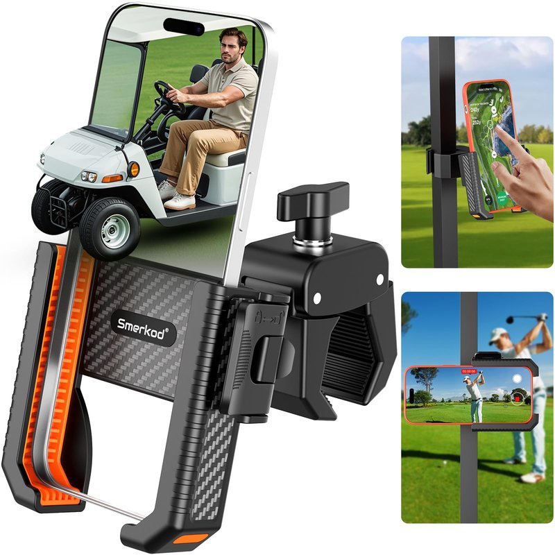 Smerkod Golf Cart Phone Holder Mount - 3s Phone Clip Install, 1s Lock & Release, Fathers Day Golf Gifts for Men Dad Husband Him Golfer, Golf Accessories Essentials Gadgets Fits Club Car, EZGO, Yamaha