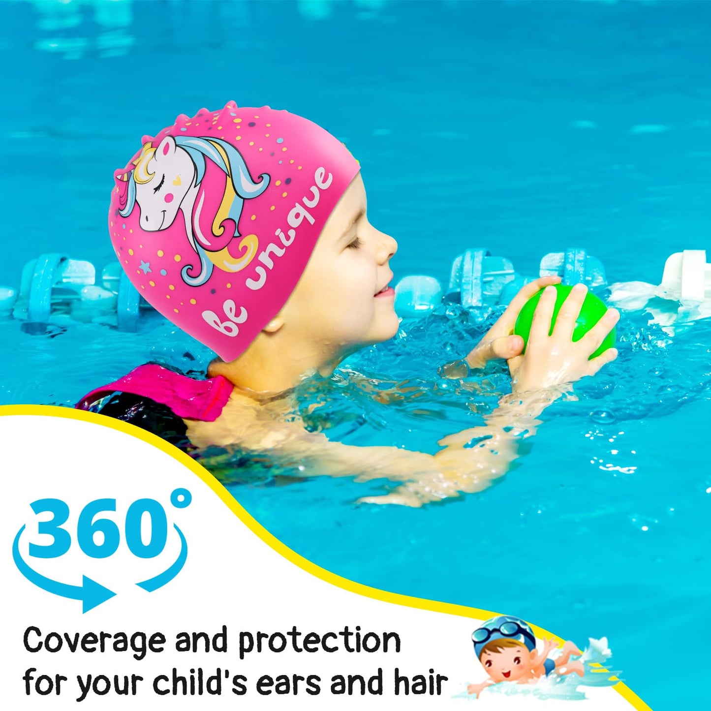 Waslary 3Pcs Silicone Waterproof Swim Caps for Kids, Cute Cartoon Swimming Caps Bathing Hats for Long Short Hair, Gifts for Girls Boys Children Toddler