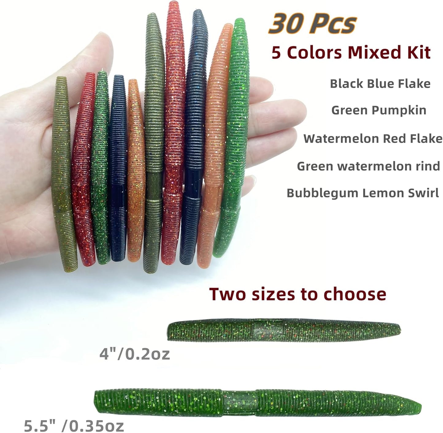 Wacky Worms Fishing Lures - 30 Pcs Soft Plastic Baits for Bass | 5.5" & 4" Mixed Colors