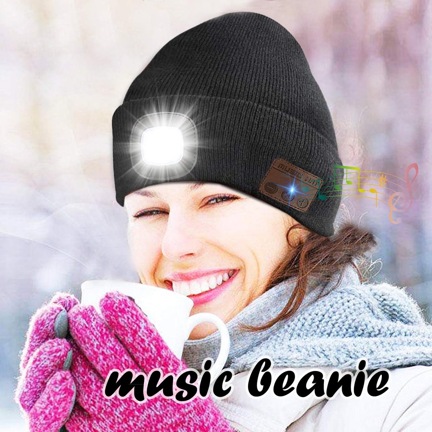 Wireless Beanie Music Hat with Light Unisex Musical Knitted Cap Rechargeable Beanie with Light Built-in Speakers Mic Headphone Beanie Hat Gifts for Men Women Running Camping Fishing