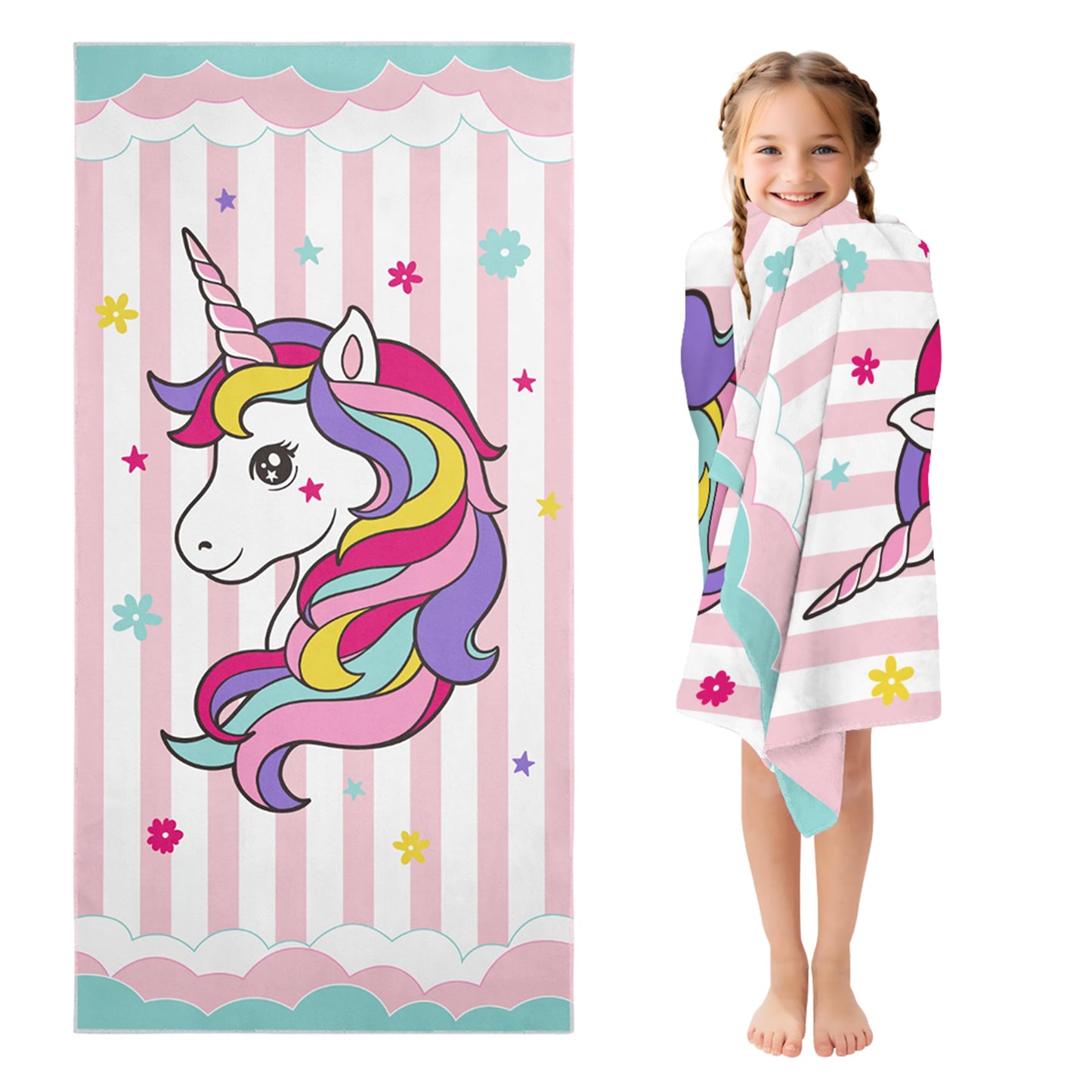 SANDJEST Unicorn Beach Towel for Girls - 60"x30" Quick Dry Lightweight Microfiber Suede Sand Free Kids Towels - Perfect for Beach Pool Swim Bath Travel Picnic Camping