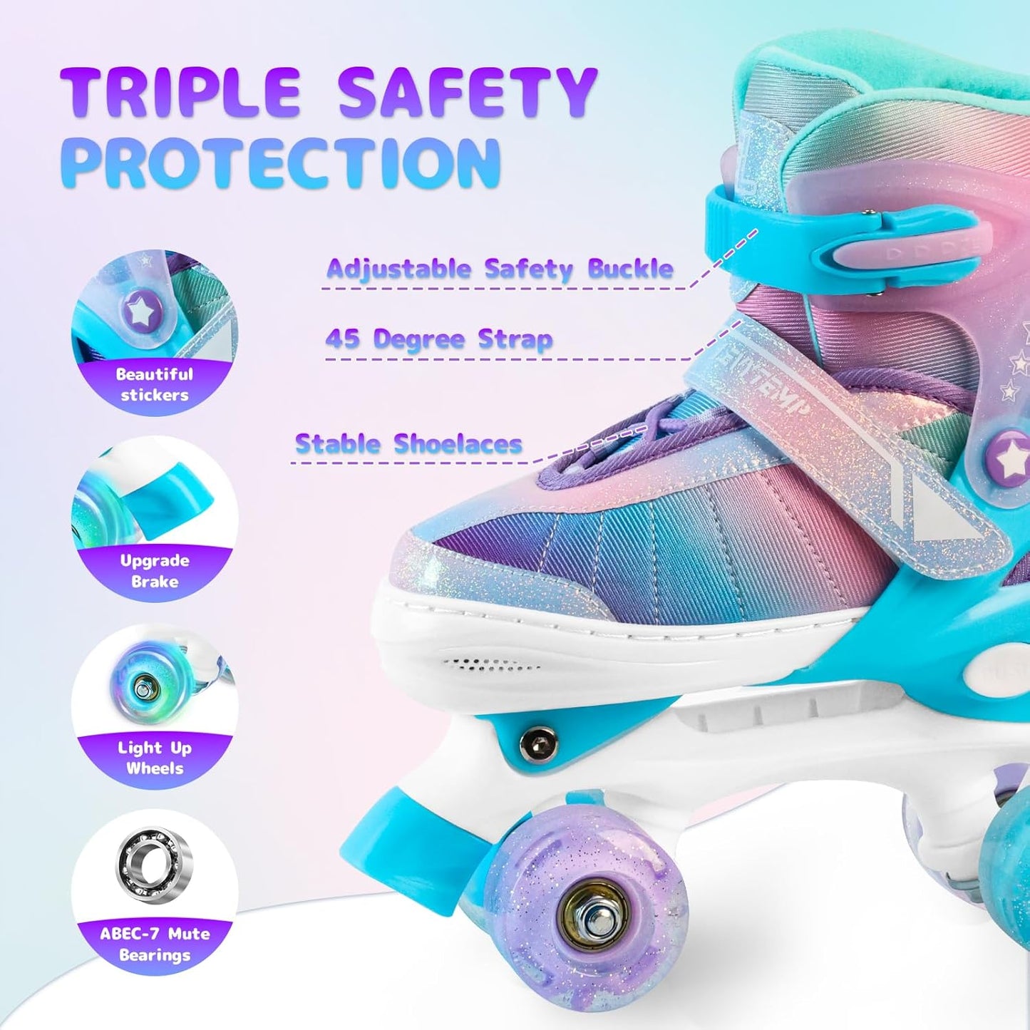Rainbow Roller Skates for Girls - Adjustable Quad Skates with Light-Up Wheels | Gradient Pink Purple, Sizes XS-L (Ages 3-12)