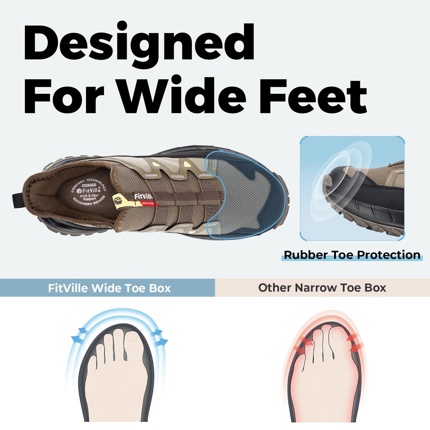 FitVille Extra Wide Sneakers for Men Slip-on Shoes, Soft Comfortable Mens Running Shoe, Slip Resistant Hiking Walking Shoes with Arch Support & Wide Toe Box Brown