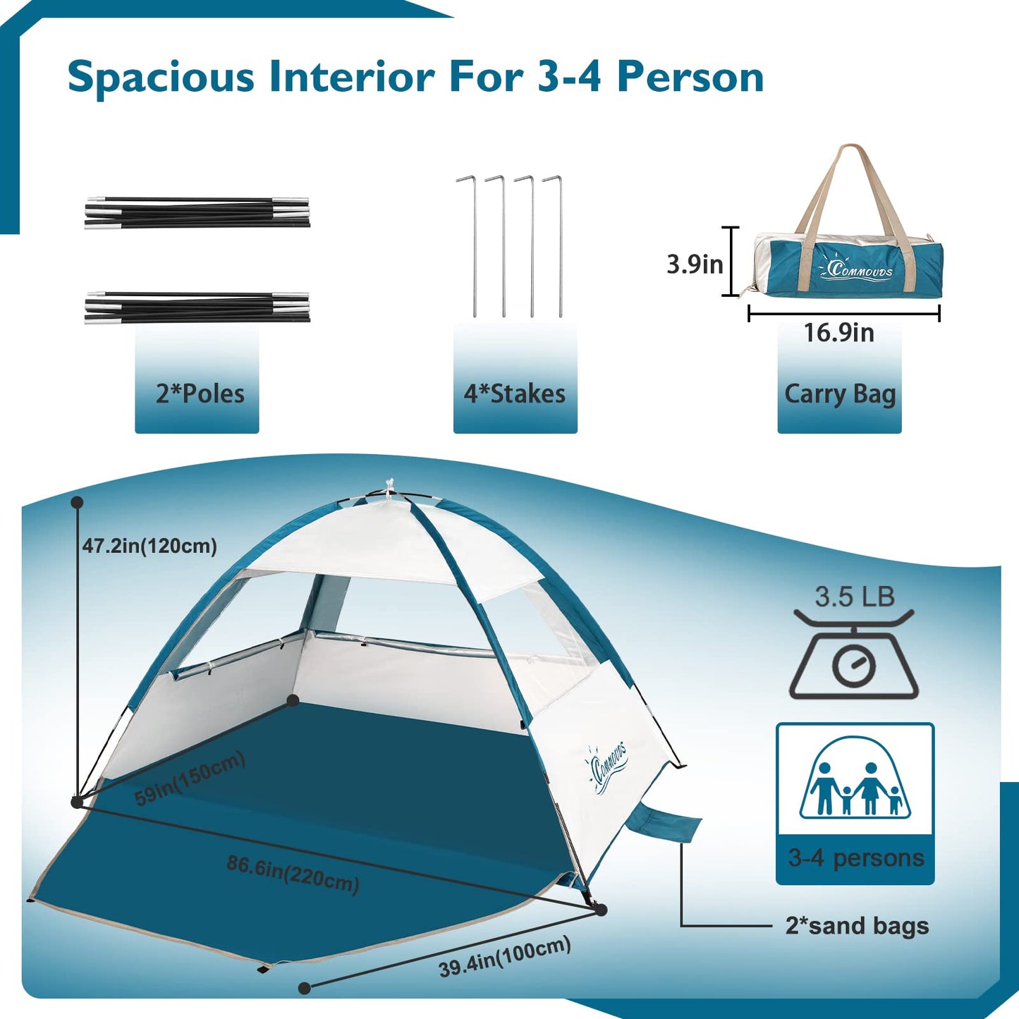 COMMOUDS Beach Tent Sun Shelter for 3/4/6/8 Person, UPF 50+ UV Protection Beach Shade Canopy Tent, Lightweight, Easy Set Up and Carry