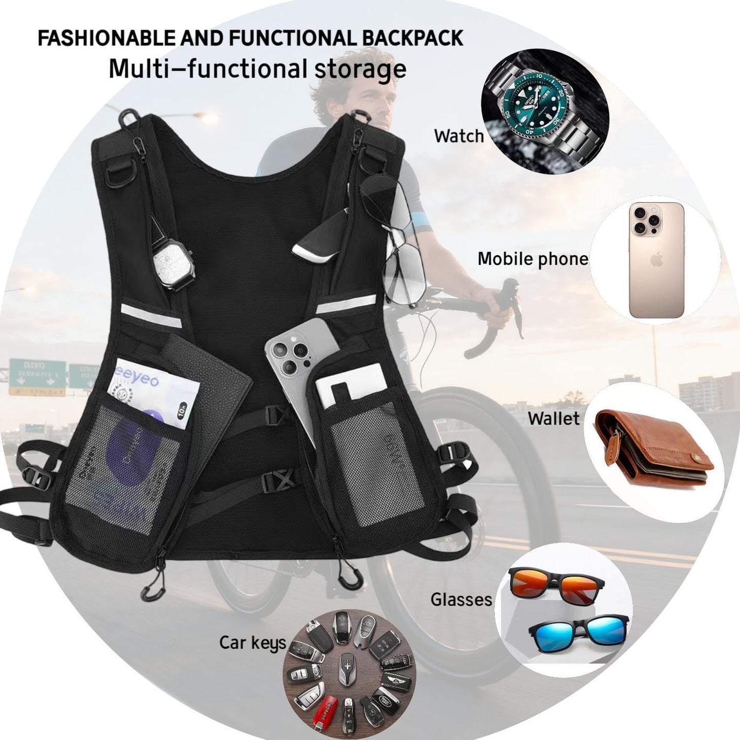 Breathable Reflective Running Vest, Cargo Vest - Men Women Outdoor Pack Multi-Pocket Breathable for Cycling Hiking Rave Running Fishing Black