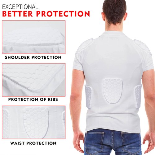 TUOY Men's Padded Compression Shirt Protective Shirt Rib Chest Protector for Football Paintball Baseball White