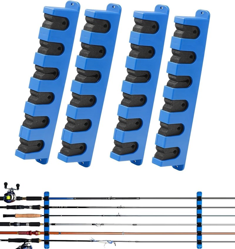 Horizontal Fishing Rod Holder - Wall-Mounted Storage Rack for 12 Rods | EVA Grip, Garage Organization Solution